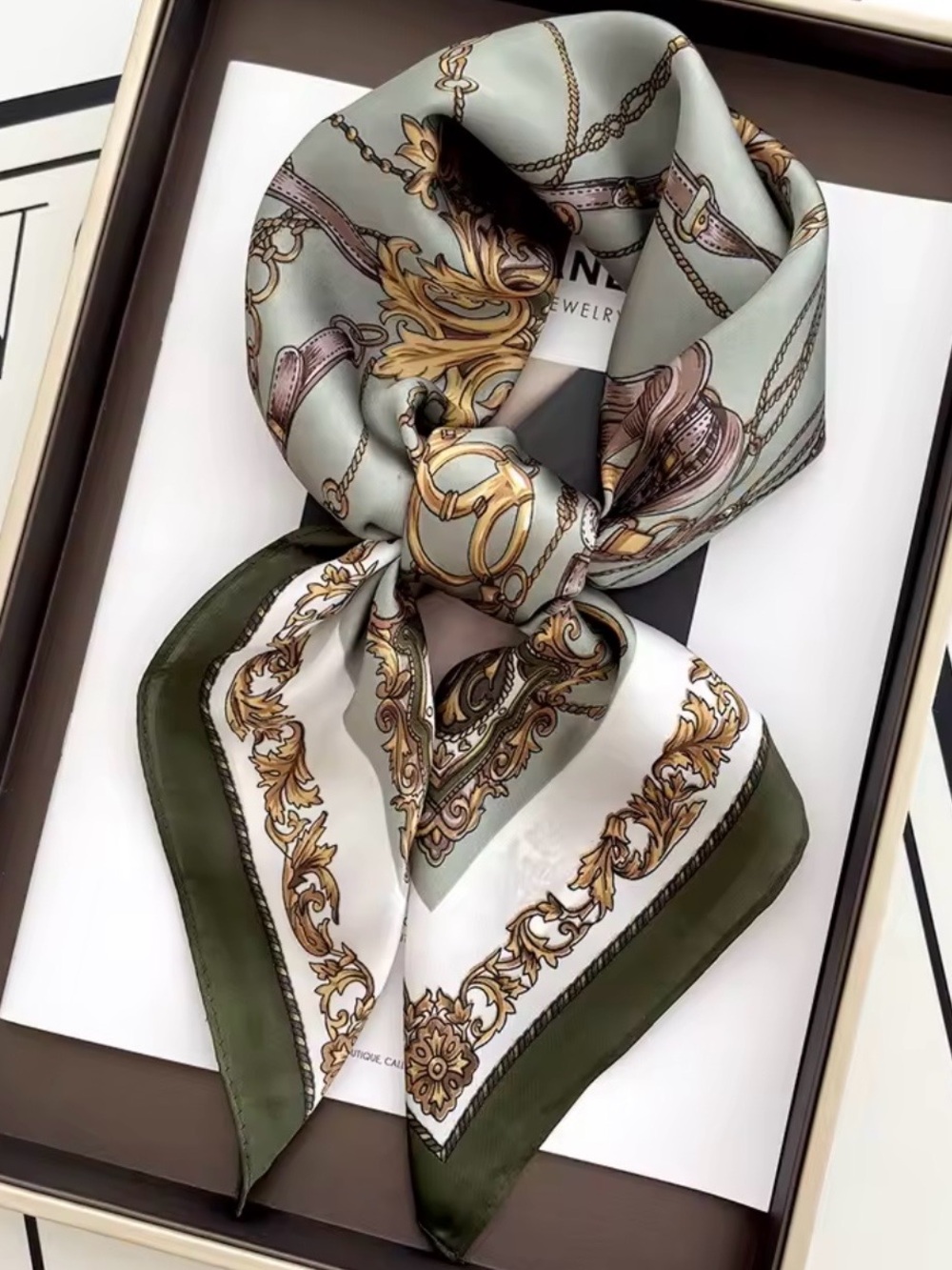 Luxury Baroque-Print Silk Scarf in Sage Green and Olive